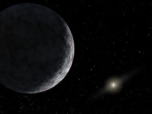独自位于太阳系边缘的矮行星阋神星（2003UB313）的想象画。它到太阳的距离是冥王星的三倍多。版权：R Hurt (SSC/Caltech)/JPL-Caltech/NASA
