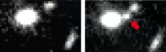 这两张图片，源自佩尔穆特团队1995年的一次观测。右图箭头所指的亮点，代表了一颗Ia型超新星。